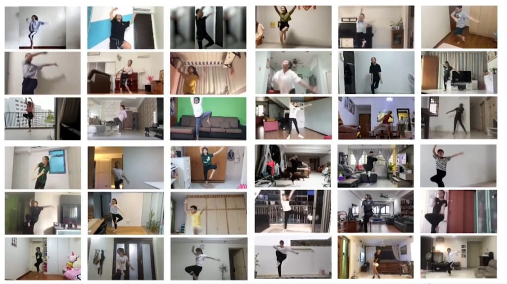 Grid of many people dancing or doing yoga poses individually inside various home rooms.